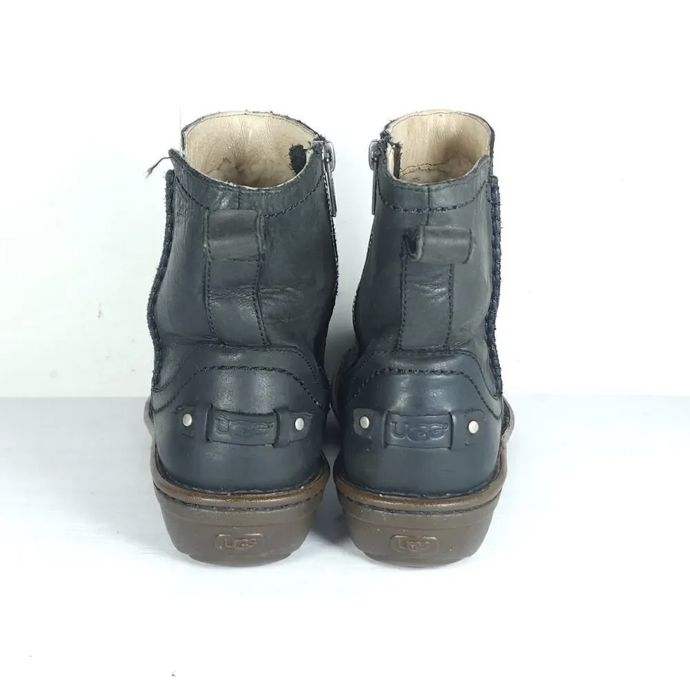 UGG Women's Neevah US6 Black Leather Sheepskin Lined Side Zip Ankle Boots Bootie